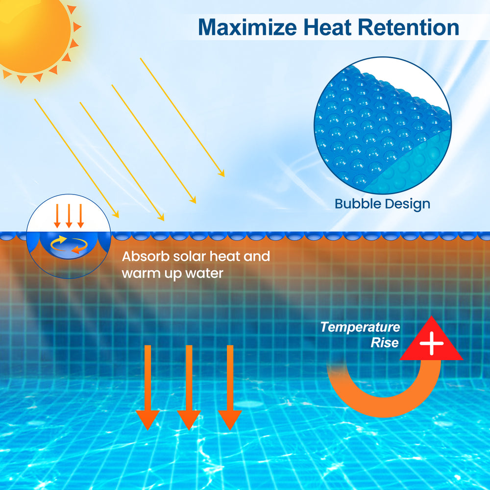 12-foot round solar pool cover with bubble design, made of durable PE material, retains heat and reduces evaporation.