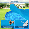 Round solar pool cover being placed on a swimming pool, crafted from durable PE material to retain heat and reduce.