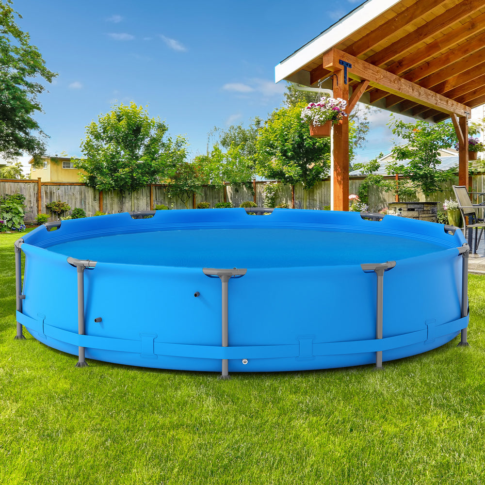 Round solar pool cover in blue, made from durable PE material, designed to retain heat and reduce evaporation for pools.