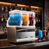 Commercial slushy dispenser with three independent tanks, producing vibrant slushies for bars and parties.