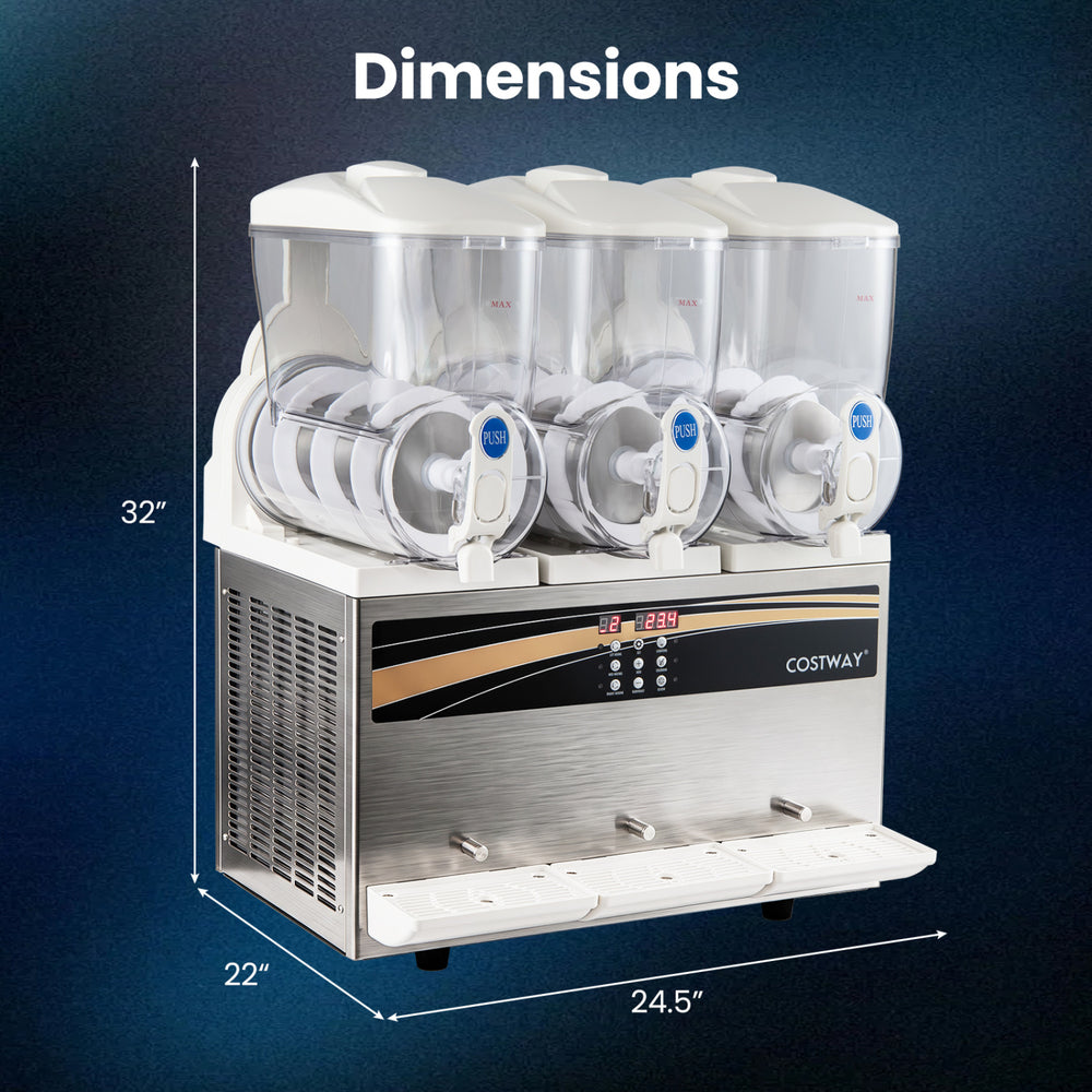 Commercial slushy dispenser with three independent tanks, 12 gal capacity, ideal for bars and parties, featuring easy operation.
