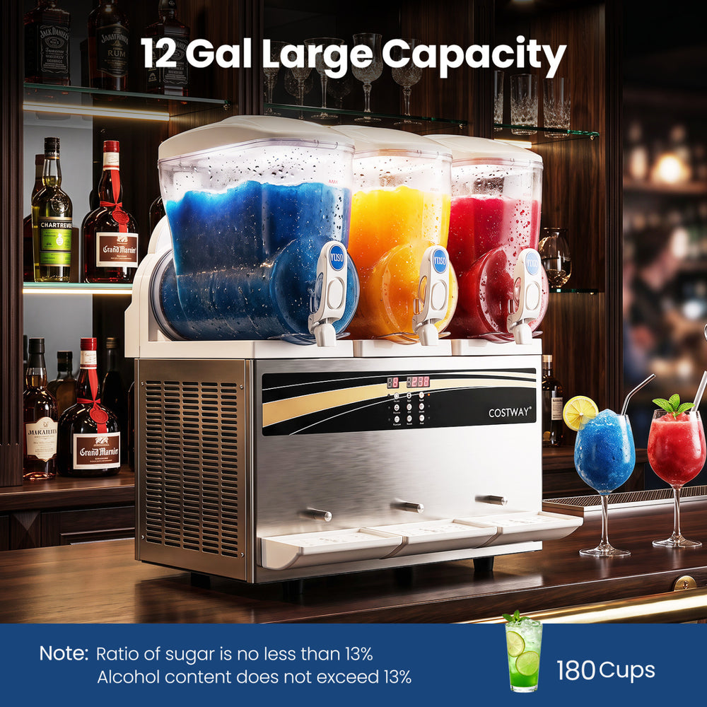 Commercial slushy dispenser with 12 gal capacity, serving 3 flavors, ideal for bars and parties, featuring easy operation.