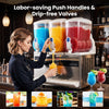 Commercial slushy dispenser with three independent tanks, producing vibrant slushies and margaritas for bars and parties.