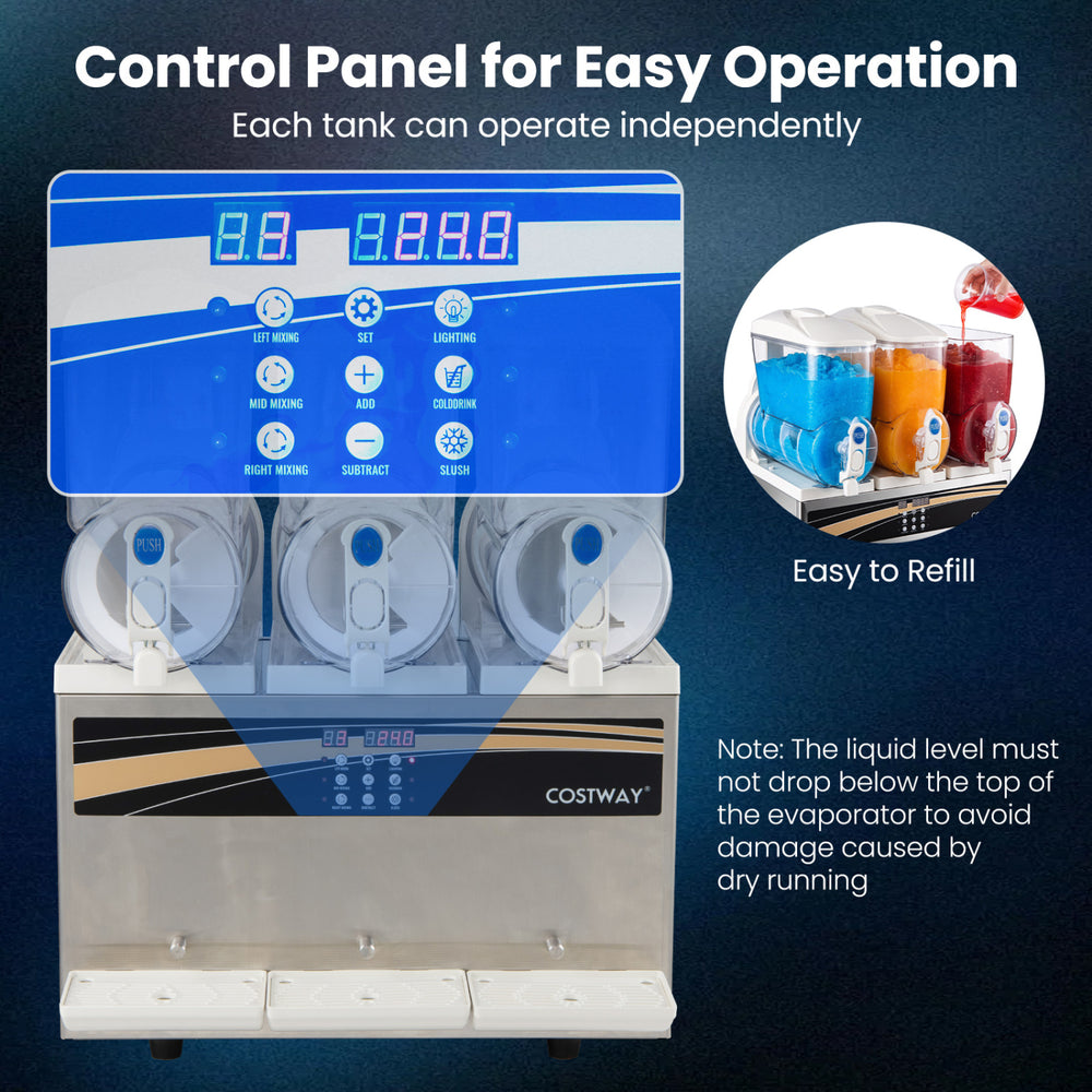 12 Gal/45 L commercial slushy dispenser with triple independent tanks, intuitive control panel, and easy refill feature.