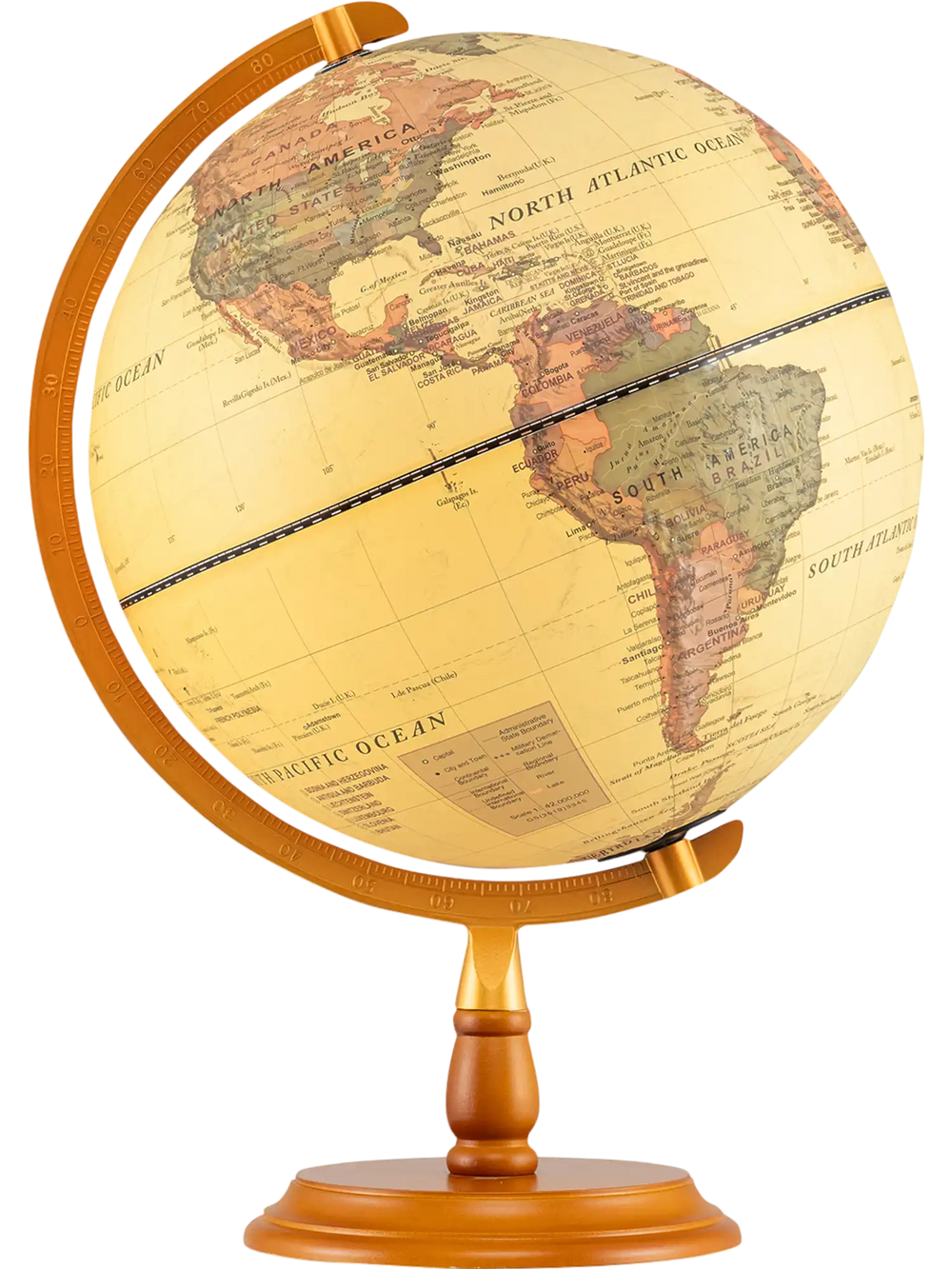 12-inch illuminated antique world globe with a bronze base, featuring clear geographic details and an embossed surface.