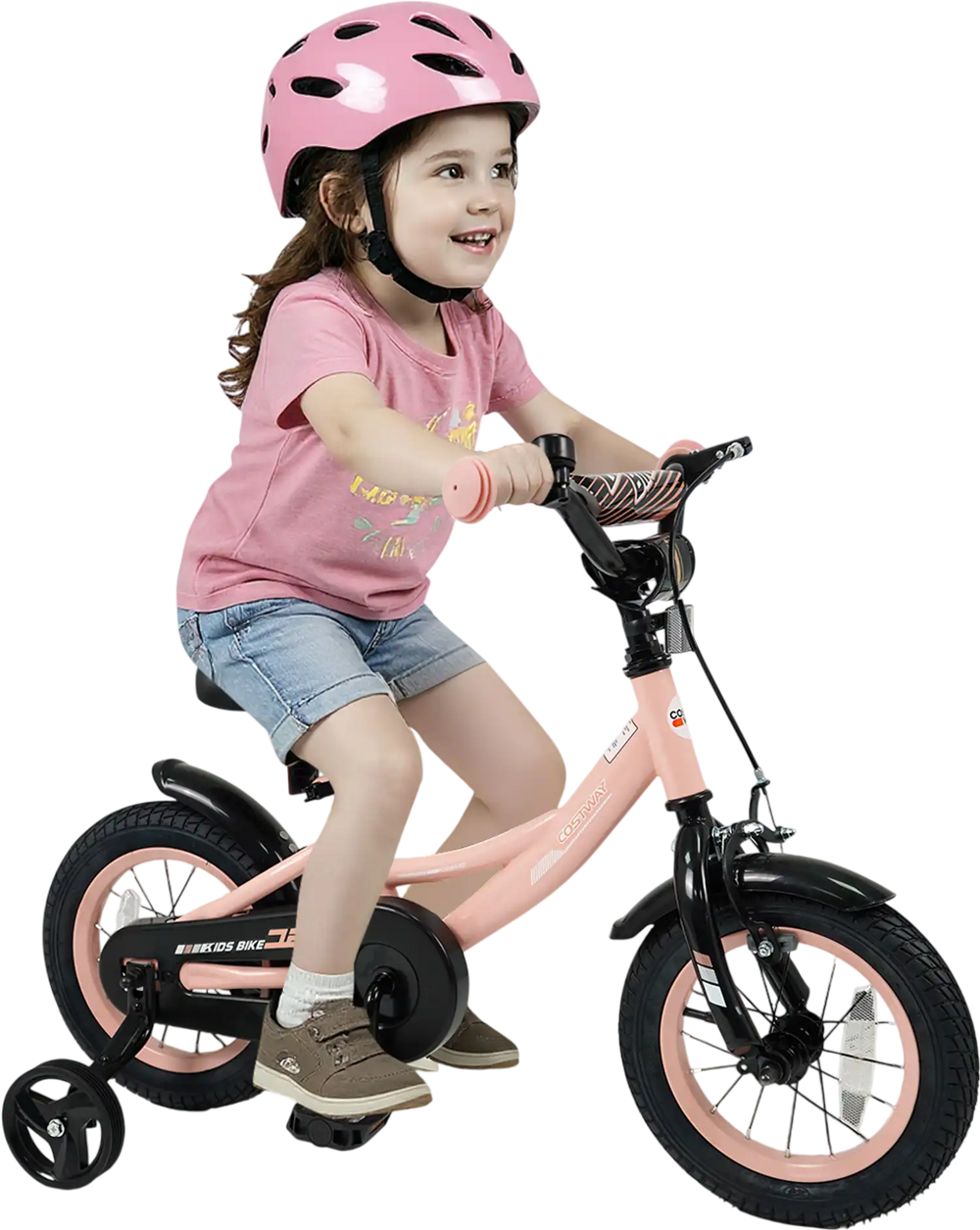 12-inch pink kids bike with adjustable seat, removable training wheels, and dual brakes for ages 3-8, perfect for.