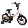 12-inch pink kids bike with adjustable seat, removable training wheels, and dual brake methods for ages 3-8.
