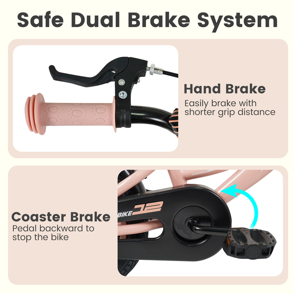 Hand brake and coaster brake detail of the 12-inch pink kids bike, designed for safety and balance for ages 3-8.