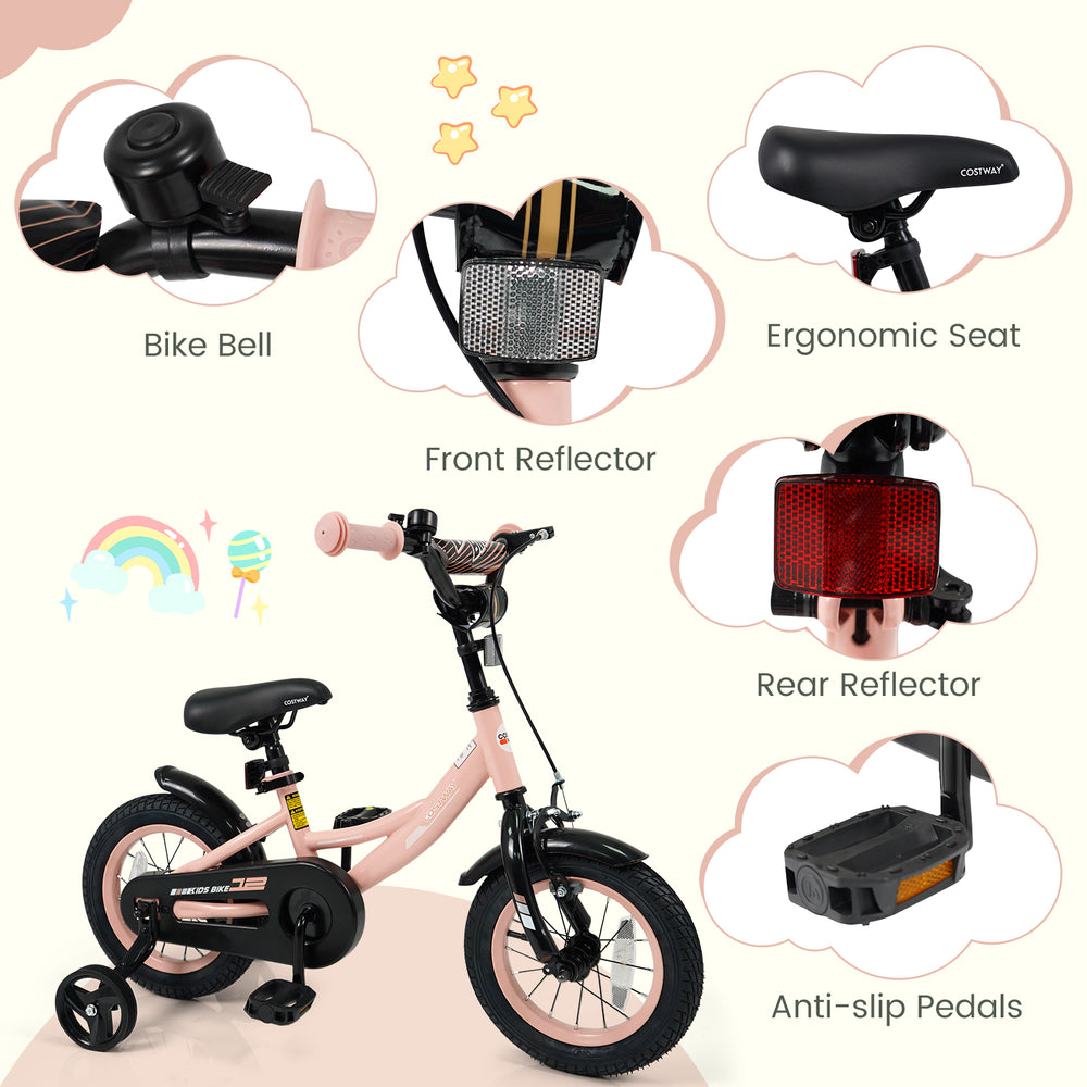 Adjustable 12-inch kids bike in pink with removable training wheels, ergonomic seat, and safety reflectors for ages 3-8.