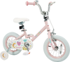 12-inch pink kids bike with adjustable seat, dual brakes, and training wheels for children aged 3-8 years.