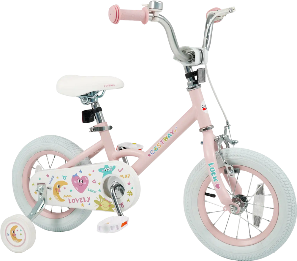 12-inch pink kids bike with adjustable seat, dual brakes, and training wheels for children aged 3-8 years.