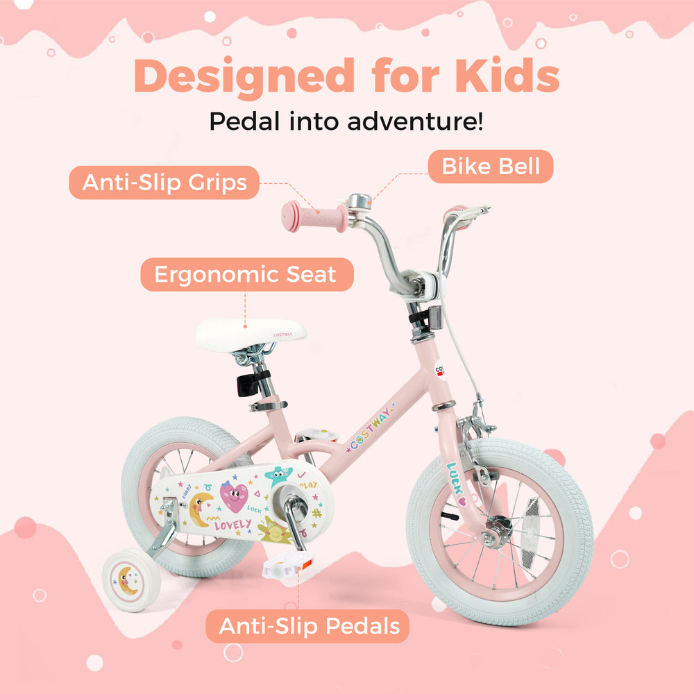 12-inch pink kids bike with adjustable seat, anti-slip grips, and removable training wheels for safe riding adventures.
