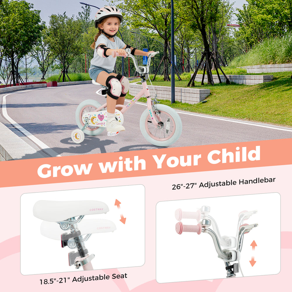 12-inch pink kids bike with adjustable seat and handlebar, designed for children aged 3-8 years for safe riding.