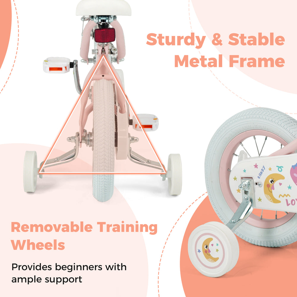 Removable training wheels on a pink 12-inch kids bike with a sturdy metal frame, ideal for beginners aged 3-8 years.