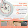 Premium pneumatic tires on a pink 12-inch kids bike, designed for shock absorption and wear resistance on various roads.