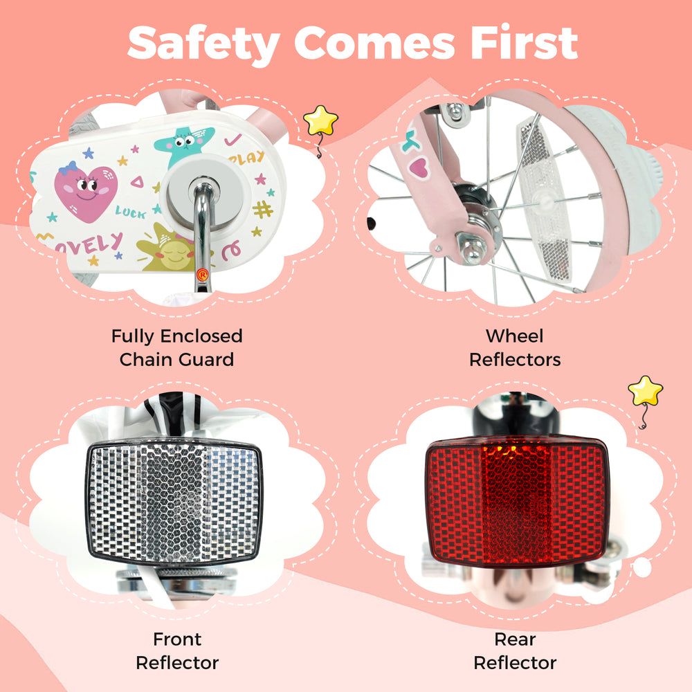 Close-up of the fully enclosed chain guard and reflectors on a pink 12-inch kids bike for enhanced safety.