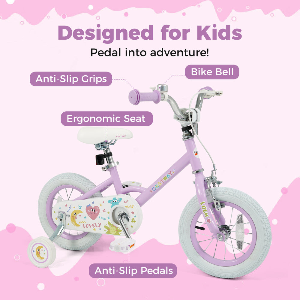 Purple 12-inch kids bike with adjustable seat, anti-slip grips, and training wheels for safe riding adventures.