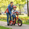 Red 12-inch kids bike with adjustable seat, training wheels, Christmas music, and safety flag for ages 3-5 years.