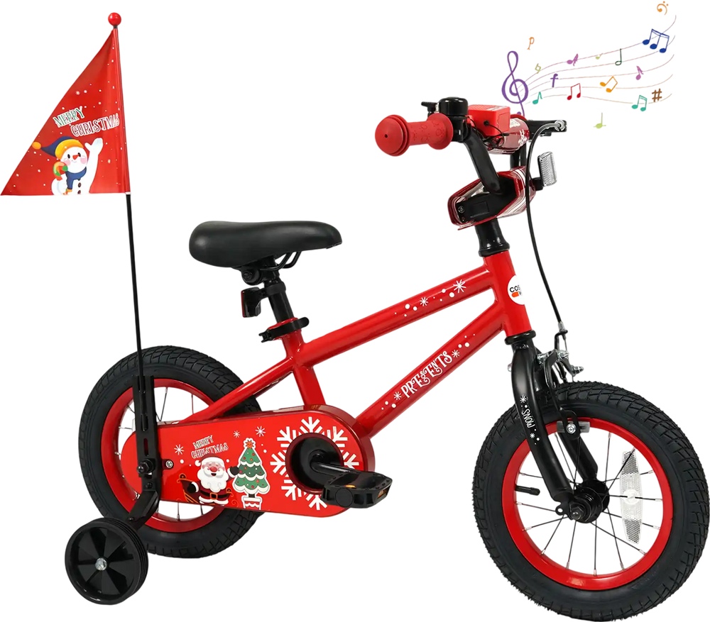 Side view of a 12-inch kids bike with a festive Christmas design, adjustable seat, and safety flag for ages 3-5 years.