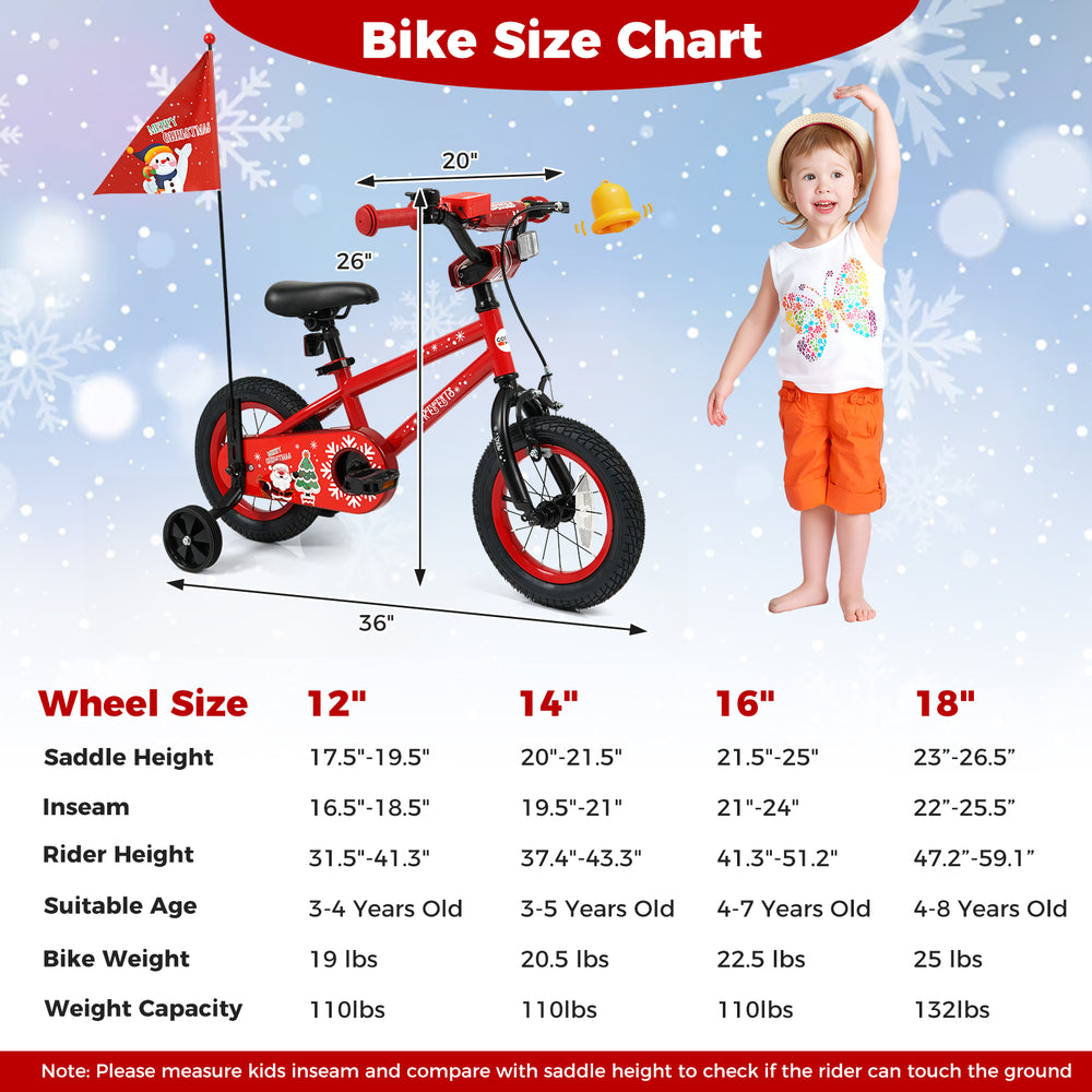 12-inch kids bike with adjustable seat, training wheels, and Christmas-themed design, perfect for ages 3-5 years old.