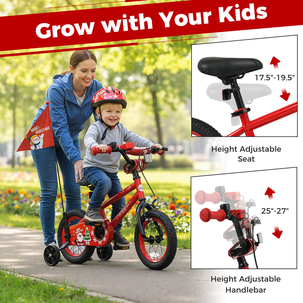 12-inch kids bike with adjustable seat and handlebars, featuring training wheels and Christmas music for ages 3-5.