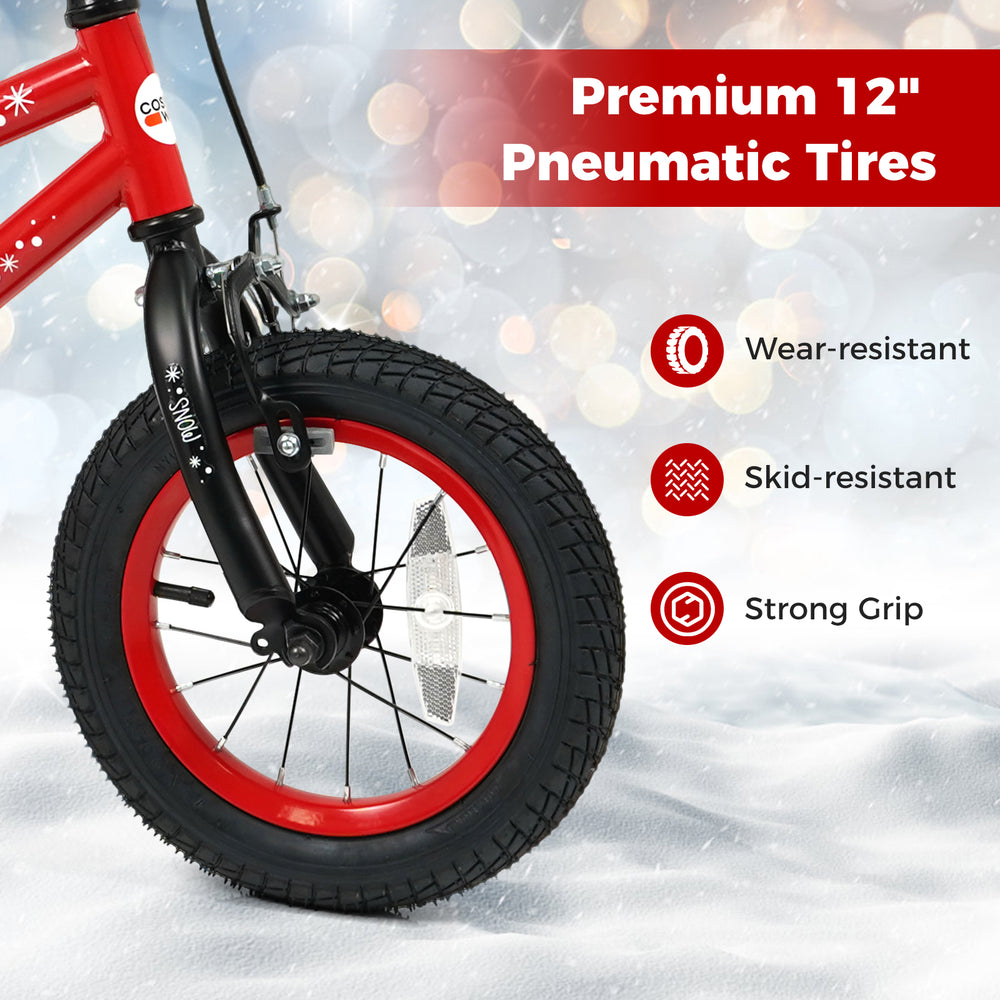 12-inch wear-resistant pneumatic tire on a kids bike, designed for ages 3-5, ensuring strong grip and safety.
