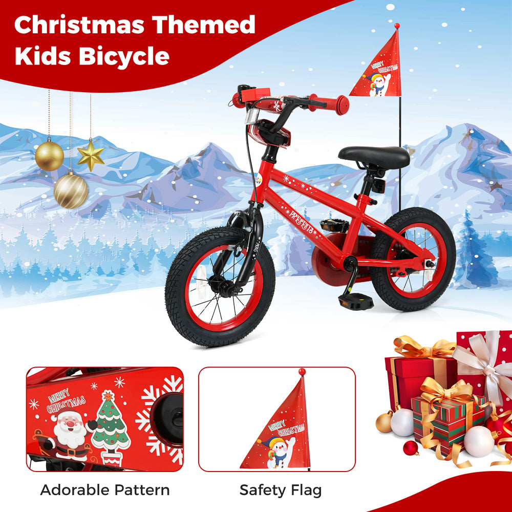 Christmas themed kids bicycle with adjustable seat, safety flag, and adorable pattern for ages 3-5 years old.
