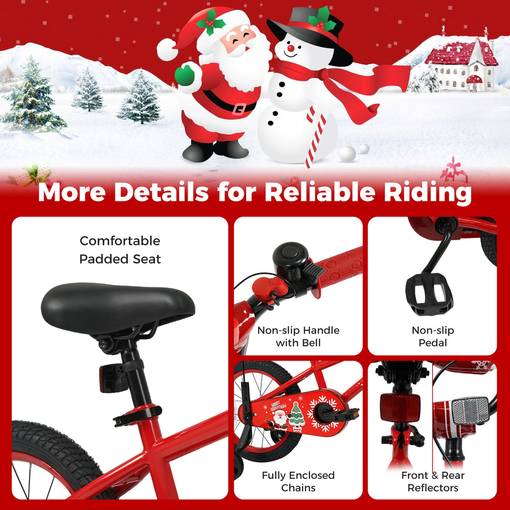 12-inch kids bike with adjustable seat, training wheels, and Christmas music, perfect for ages 3-5 for safe riding.