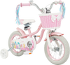12-inch pink kids bike with adjustable seat, detachable training wheels, basket, and colorful streamers for girls aged.