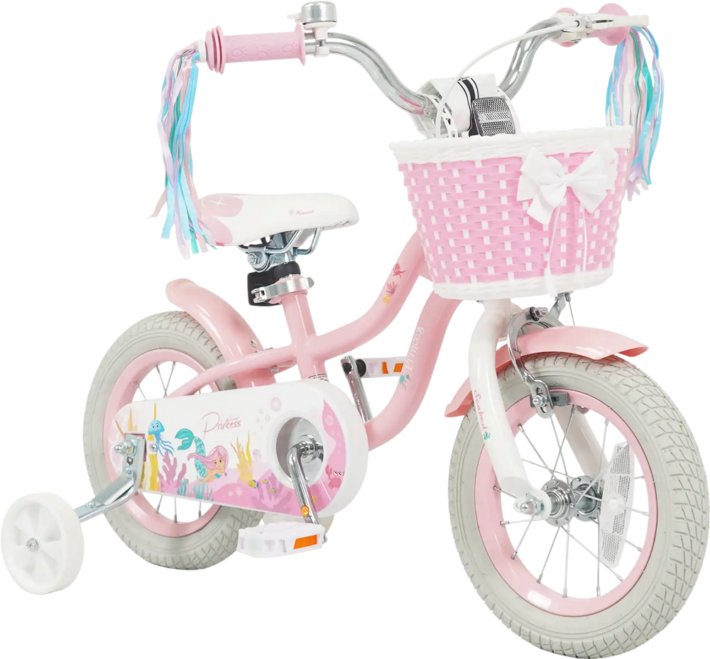 12-inch pink kids bike with adjustable seat, detachable training wheels, basket, and colorful streamers for girls aged.