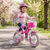 12-inch kids bike in rose red with a princess theme, adjustable seat, training wheels, and a front basket for fun rides.