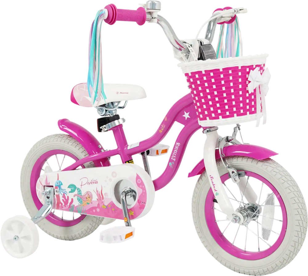 12-inch kids bike in rose red with princess of the sea theme, adjustable seat, basket, and training wheels for safe.