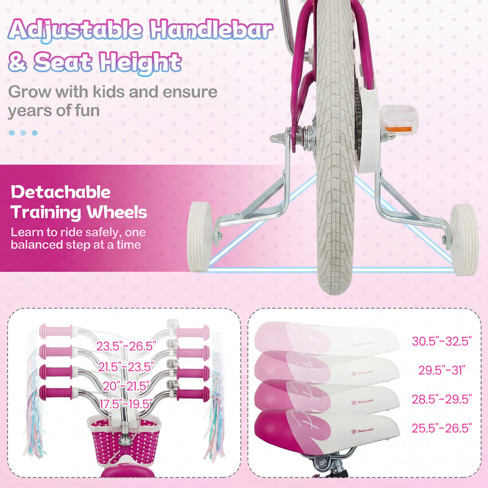 Adjustable seat and handlebar of the 12-inch kids bike in rose red, featuring detachable training wheels for safe.