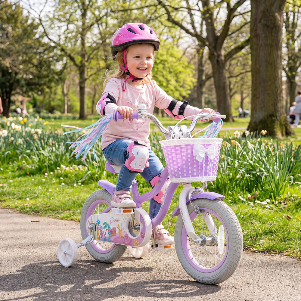 12 Inch Kids Bike Adjustable with Basket and Streamers Purple - Princess of the Sea Theme - Gallery View 1 of 9