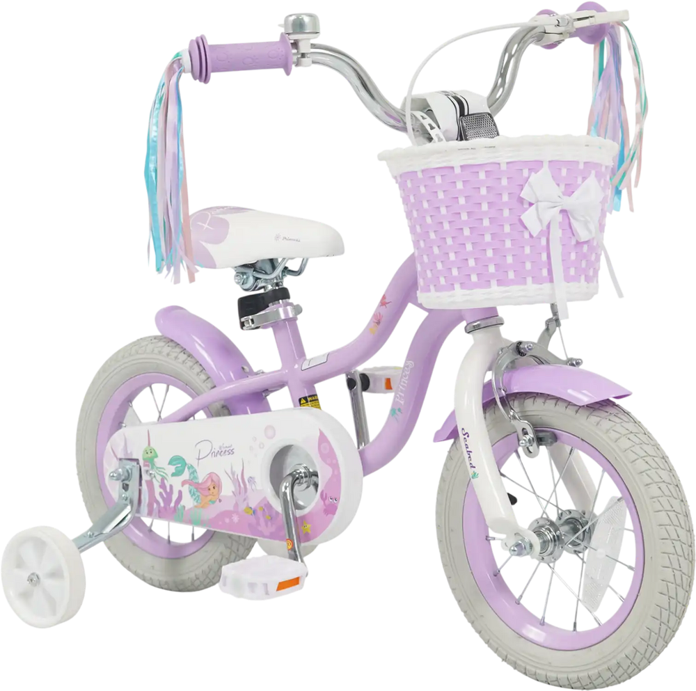 Purple 12-inch kids bike with adjustable seat, basket, streamers, and princess of the sea theme, perfect for young.