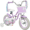 Purple 12-inch kids bike with adjustable seat, basket, streamers, and princess of the sea theme, perfect for young.
