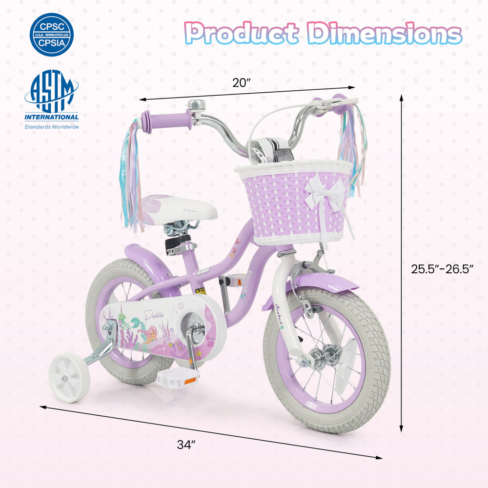 12-inch purple kids bike with adjustable seat, basket, streamers, and training wheels for fun and balance.