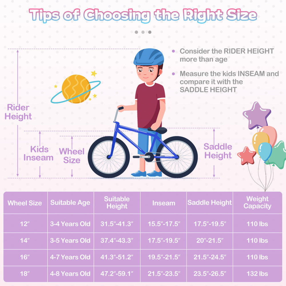 Purple 12-inch kids bike with adjustable seat, basket, and streamers, designed for fun and safety.
