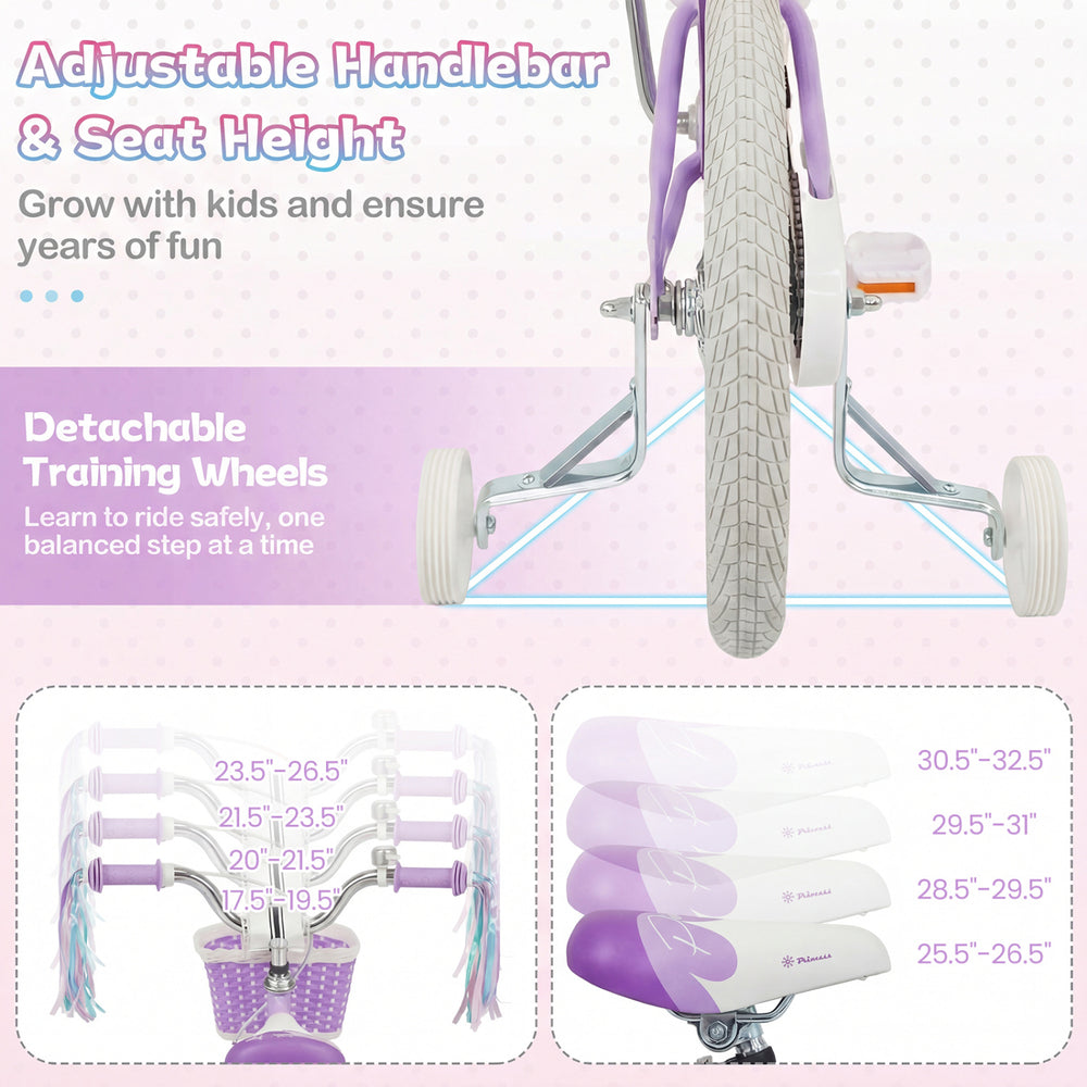 Adjustable 12-inch kids bike in purple with training wheels, basket, and streamers for fun and safe riding.
