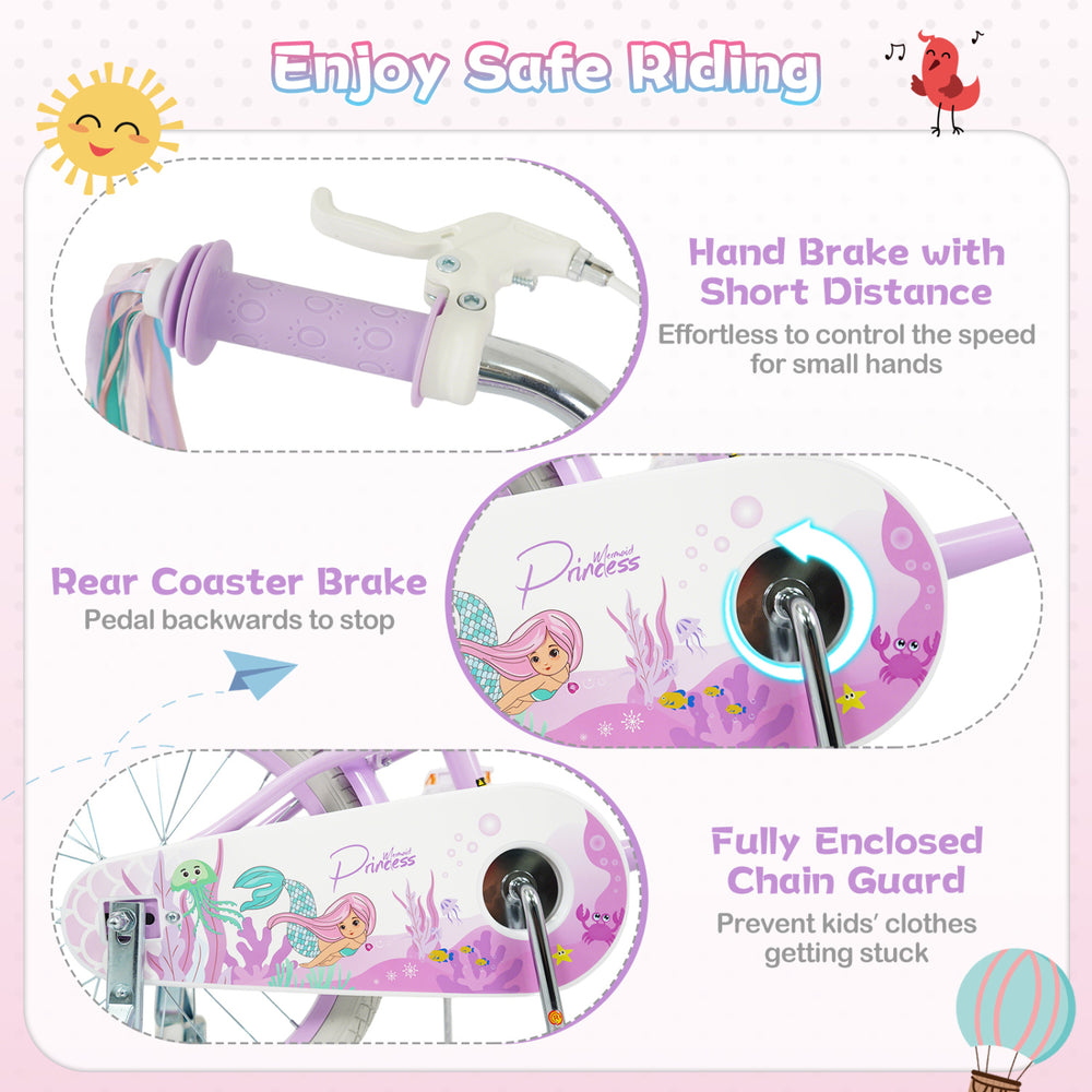 Adjustable 12-inch kids bike in purple with princess theme, featuring hand brake, rear coaster brake, and enclosed.