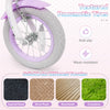 Textured pneumatic tire of a 12-inch kids bike in purple, suitable for various terrains like asphalt and grass.