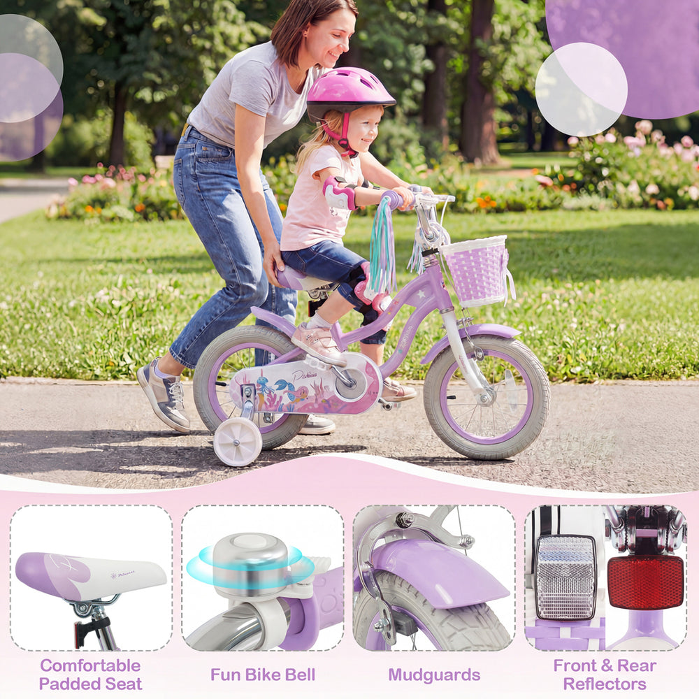 12-inch purple kids bike with adjustable seat, training wheels, basket, and fun bell for safe outdoor adventures.