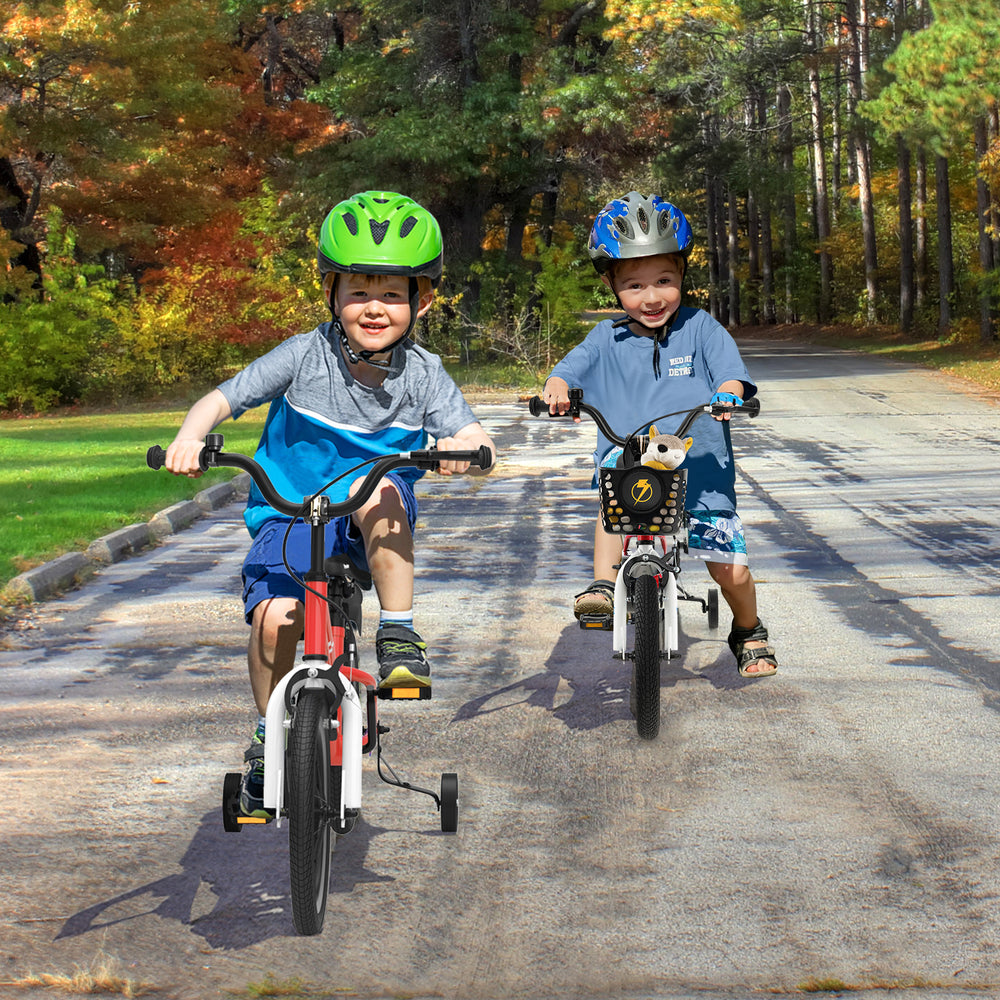 Two children riding the 12-inch red kids bike with training wheels, designed for ages 3-4, on a scenic path.