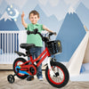 Child giving a thumbs up next to a 12-inch red kids bike with training wheels and a convenient bell for ages 3-4.