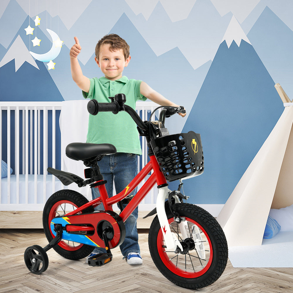 Child giving a thumbs up next to a 12-inch red kids bike with training wheels and a convenient bell for ages 3-4.