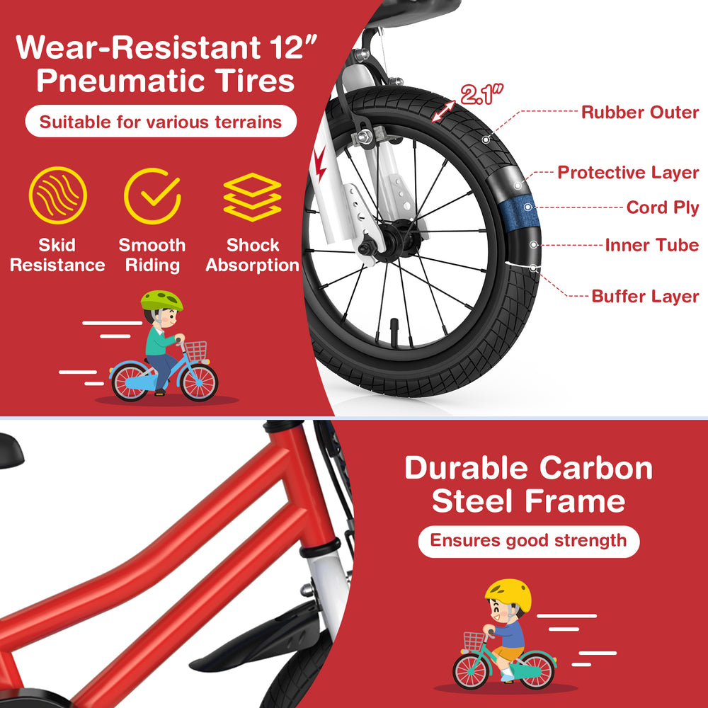 Close-up of the 12-inch pneumatic tire with rubber outer and protective layer, designed for smooth riding on various.