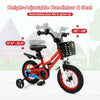 12-inch red kids bike with training wheels, adjustable seat and handlebars, designed for children aged 3-4 years.