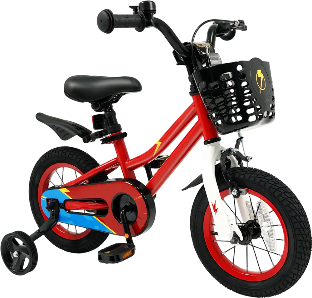 12-inch red kids bike with training wheels, hand brake, and enclosed chain guard for children aged 3-4 years.