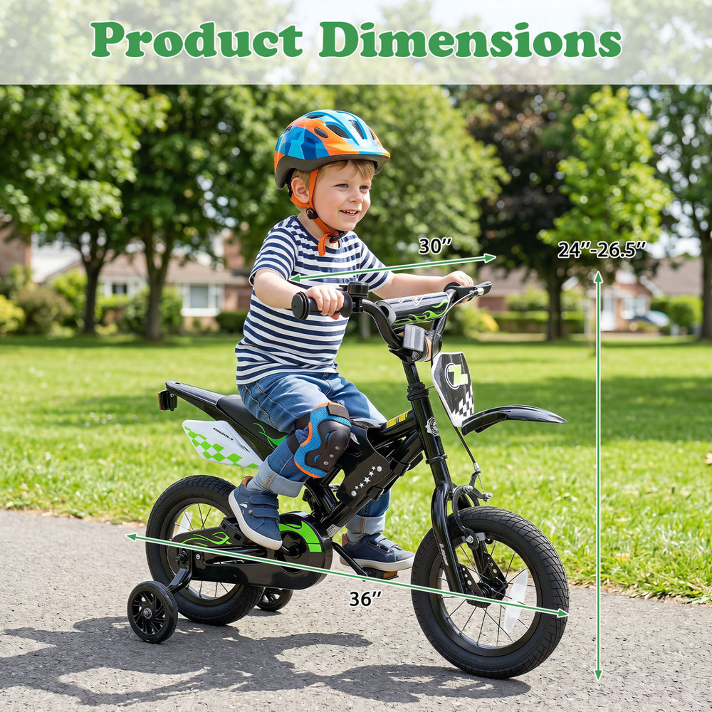 12-inch kids bike with adjustable handlebars, training wheels, and sporty graphics for ages 3-4 years, ideal for safe riding.