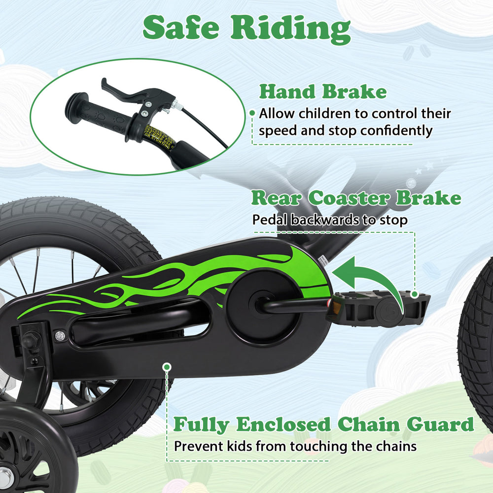 Close-up of the 12-inch kids bike featuring a hand brake, rear coaster brake, and fully enclosed chain guard for safety.